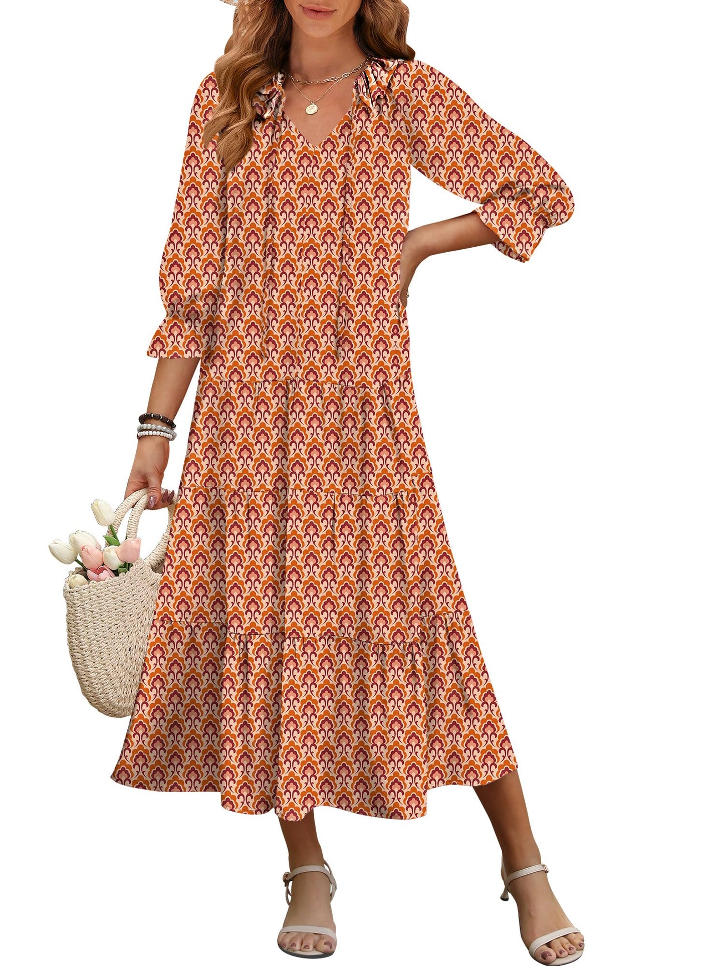 ANRABESS Women's Boho Maxi Dresses 2025 Summer Casual V Neck Puff Sleeve Floral Tiered Flowy Swing Beach Vacation Long Dress