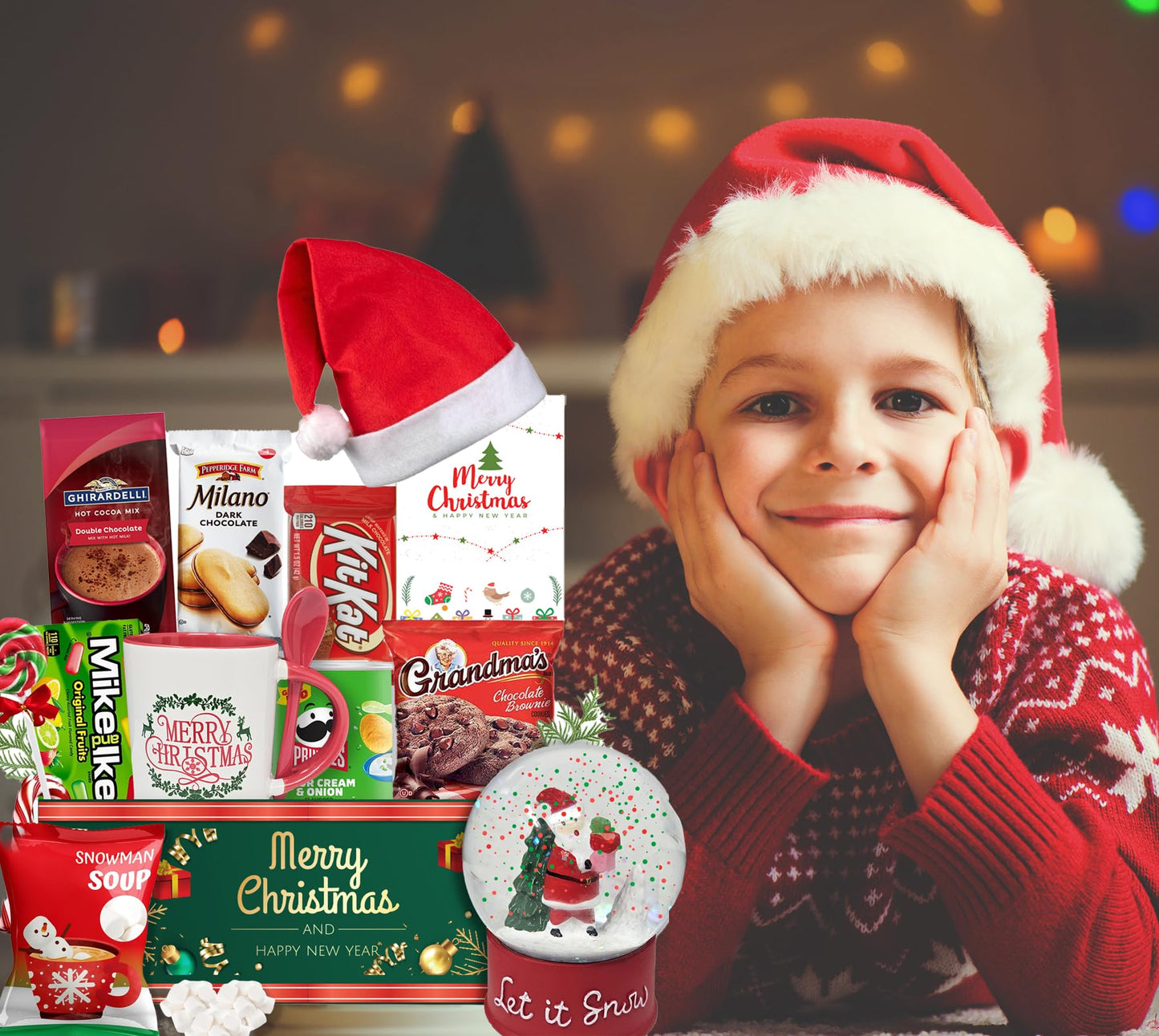 The ultimate CHRISTMAS GIFT basket bundle gift set for Kids, teenage, Candy & snacks, mug, & snow globe Variety gift box Christmas Holiday Gift Care package for brother, sister, son, daughter