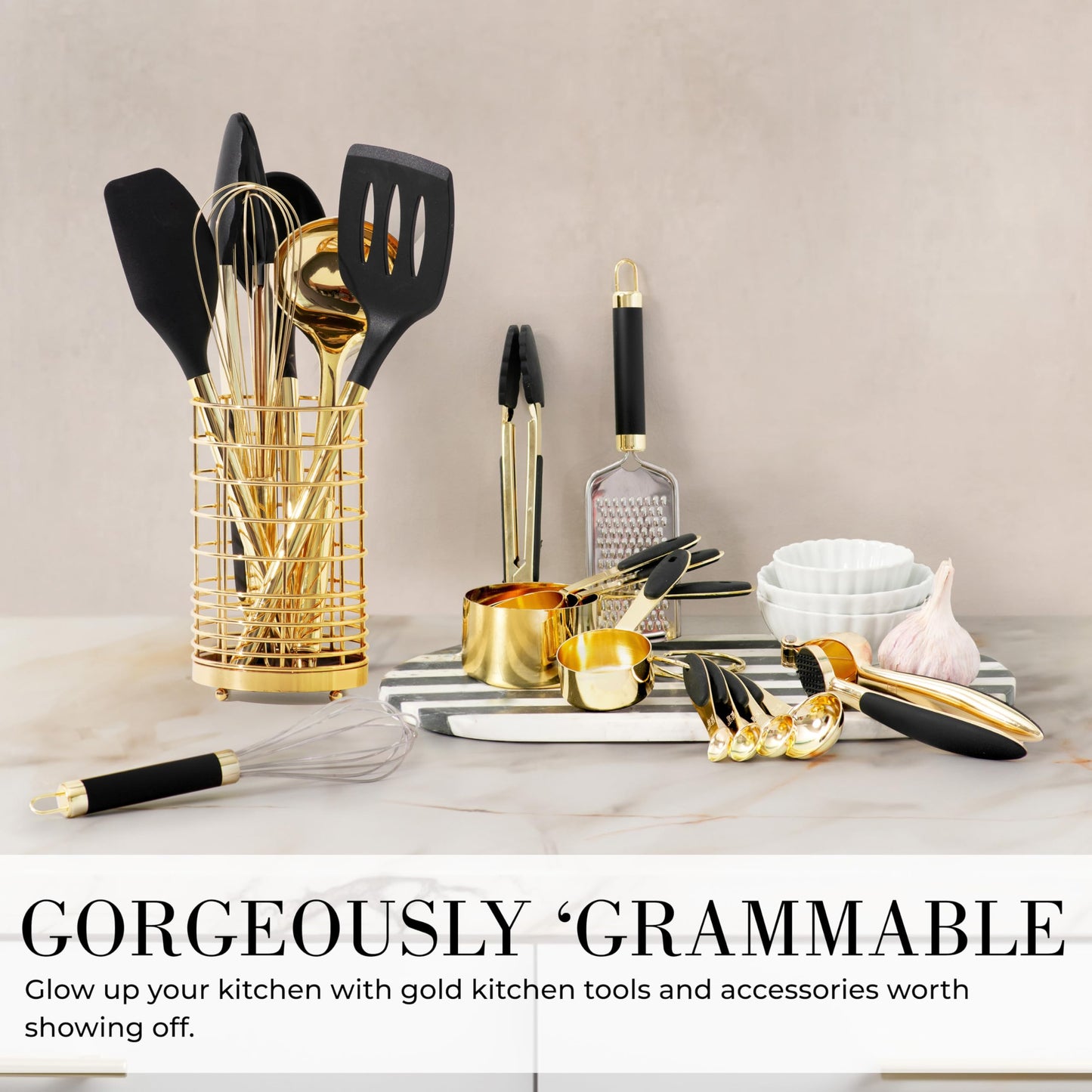 White & Gold Cooking Utensils Set - Luxe 8-Piece Kitchen Gadget Set Includes Can Opener, Tongs and Garlic Press - Stylish White and Gold Kitchen Accessories for Modern Kitchens, Ideal for Gifting