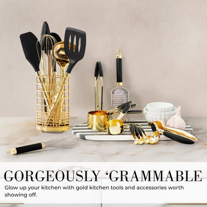 White & Gold Cooking Utensils Set - Luxe 8-Piece Kitchen Gadget Set Includes Can Opener, Tongs and Garlic Press - Stylish White and Gold Kitchen Accessories for Modern Kitchens, Ideal for Gifting