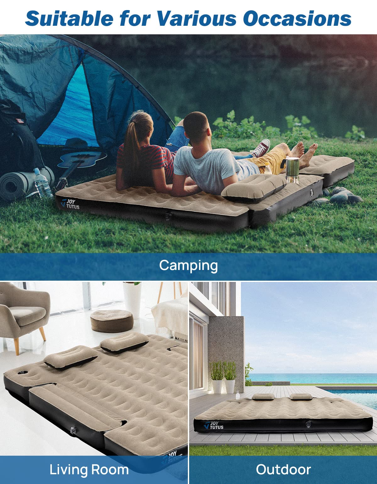 JOYTUTUS Truck Bed Air Mattress for 6.4-6.7Ft, Full Size Regular Beds for Pickup Outdoor Camping, Truck Tent Accessories with Carry Bag & Cup Holder & Cavity Design, Camel&Black