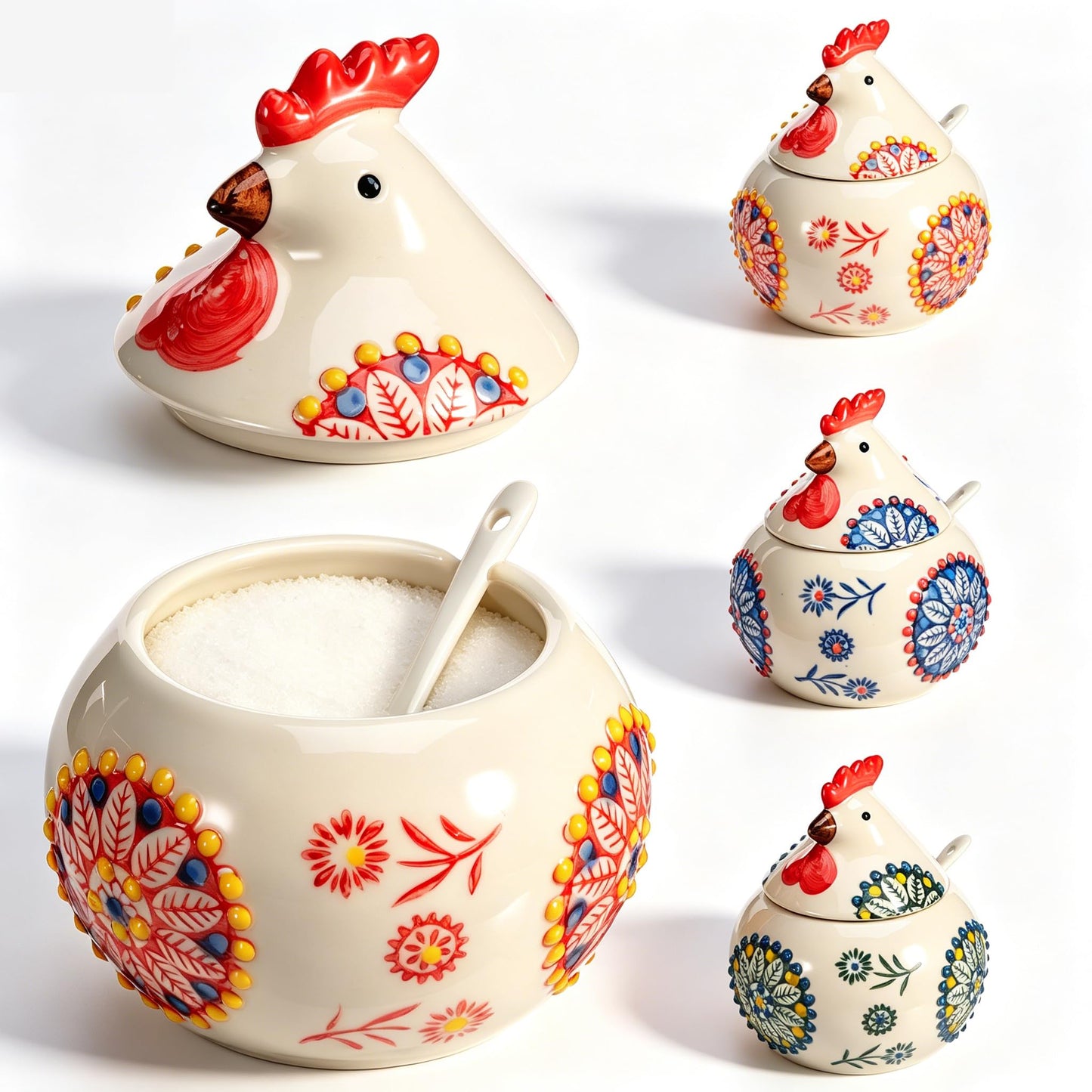 TMWEFUSC 3 Pack Ceramic Salt Cellar with Lid and Spoon, 13.5oz Salt Containers For Countertop Decor Chicken Salt Jar For Sugar, Pepper, Spice,Seasonings