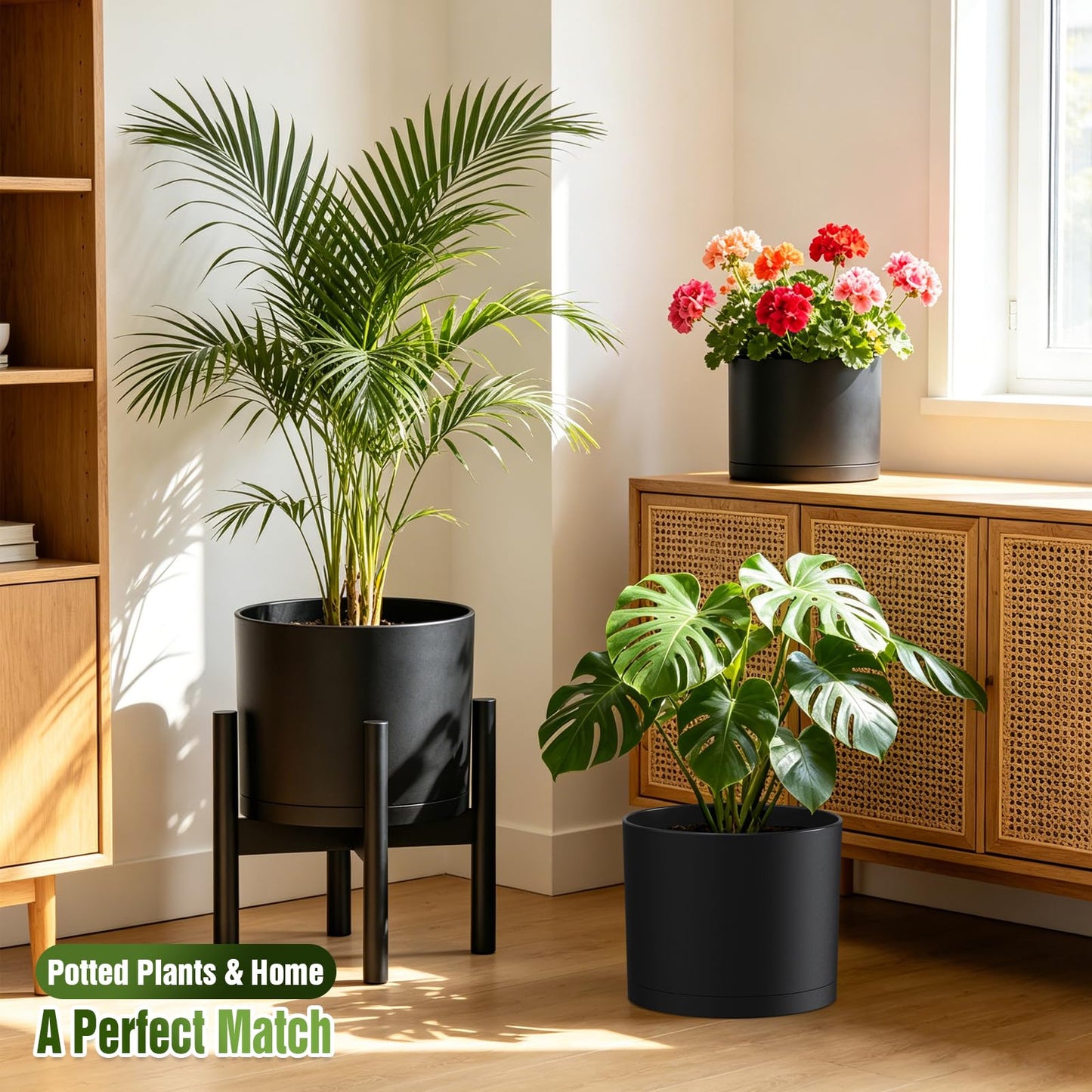 Areutxbis 10/9/8 Inch Large Plant Pots with Drainage Holes and Trays, 3 Pack Modern Minimalist Cylinder Planters for Monstera, Snake Plant, Indoor Outdoor (Matte Black)