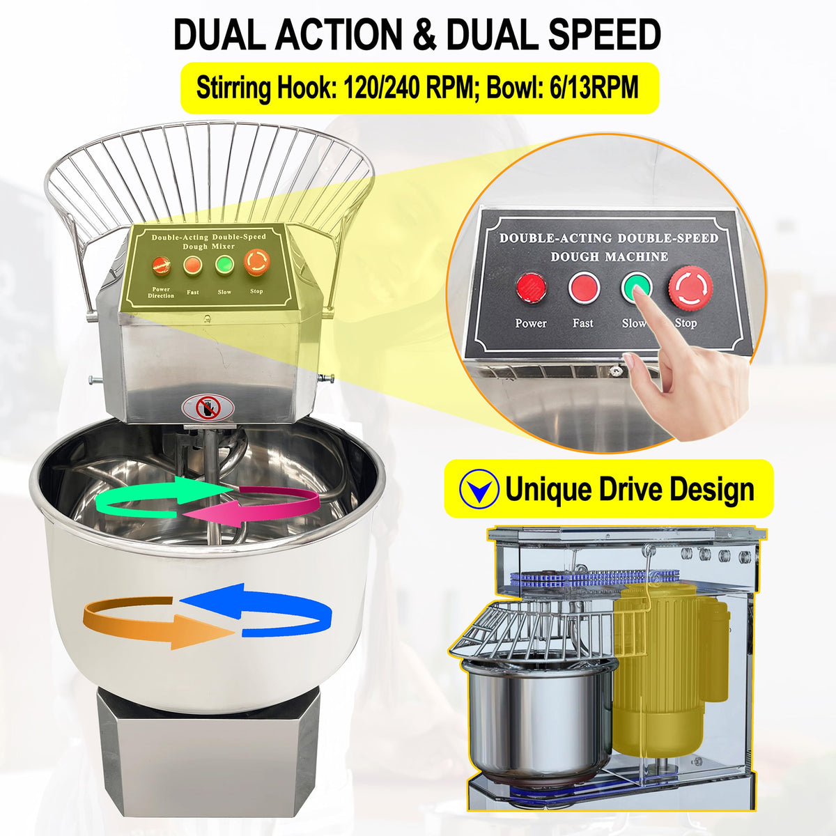 LGXEnzhuo 40L Commercial Dough Mixer with Dual Rotation and Double Speed, 1800W Electric Dough Kneading Machine - Stainless Steel, Spiral Hook, Emergency Stop, for Pizze and Bread