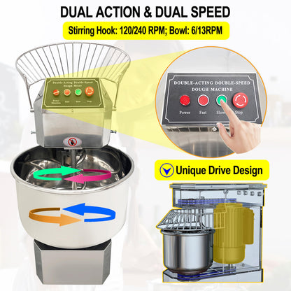 LGXEnzhuo 40L Commercial Dough Mixer with Dual Rotation and Double Speed, 1800W Electric Dough Kneading Machine - Stainless Steel, Spiral Hook, Emergency Stop, for Pizze and Bread
