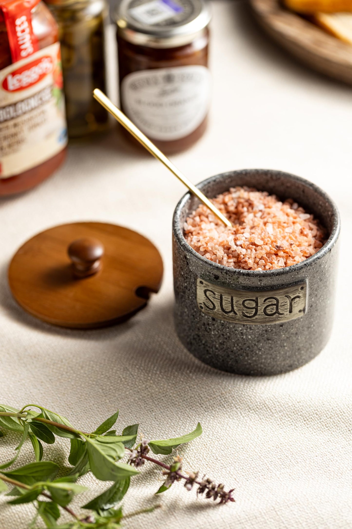 Sugar Container, Sugar Holder, Sugar Bowl with Lid and Spoon, Sugar Jar Porcelain Salt Bowl with Wood Lid and Stainless Steel Spoon, Ceramic Sugar Bowl 15oz Coffee Canister Kitchen Decor, Grey