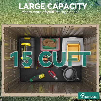 YITAHOME Outdoor Storage Cabinet with 2 Shelves, Waterproof Resin Horizontal Tool Shed, Lockable 15 cu. ft. Storage Shed for Patio, Garden, Yard, Brown