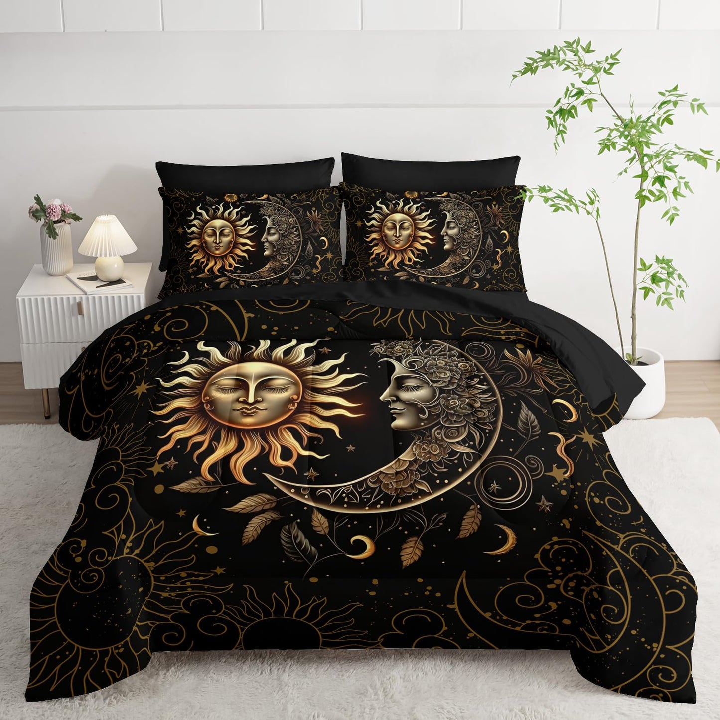 AILONEN Sun and Moon Comforter Set Queen - 7Pcs Soft Black Gold Boho Bed in a Bag -Including Comforter,Fitted Sheet,Flat Sheet,2 Pillowcases,2 Pillow Shams for Room