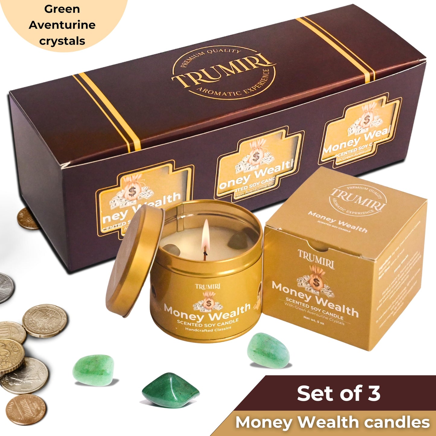 Money Wealth - Crystal Candles for Home Scented - Pack of 3 x 5oz Soy Wax Natural Clean Organic Non Toxic with Essential Oils - for Cash Luck Manifestation - Long Lasting Candel
