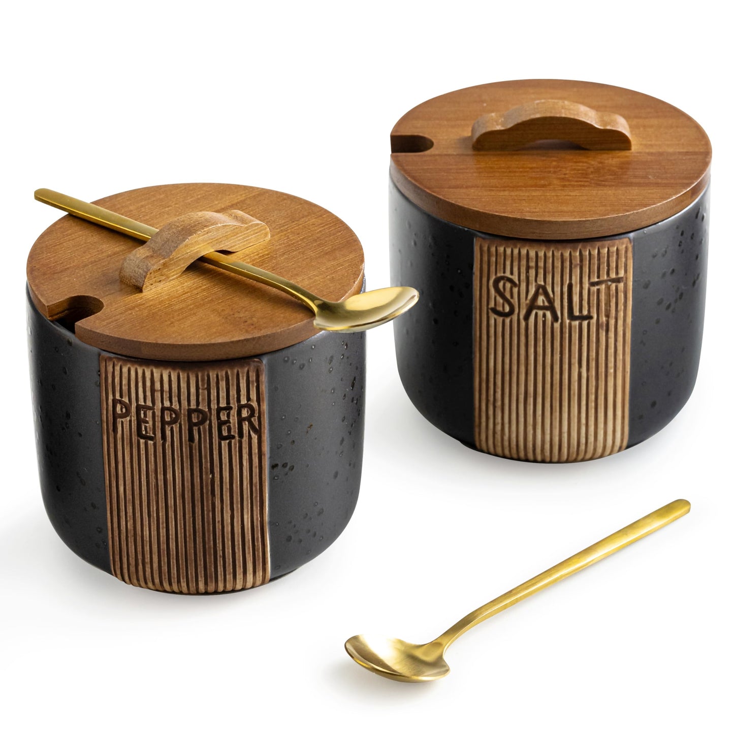 YHOJOY Salt and Pepper Bowl, Ceramic Salt Containers for Countertop, Salt and Pepper Cellar with Lid and Spoons