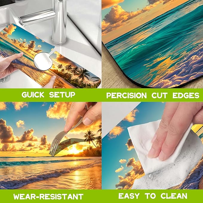 Sunset Beach Waves Palm Trees Kitchen Sink Splash Guard Faucet Mat Super