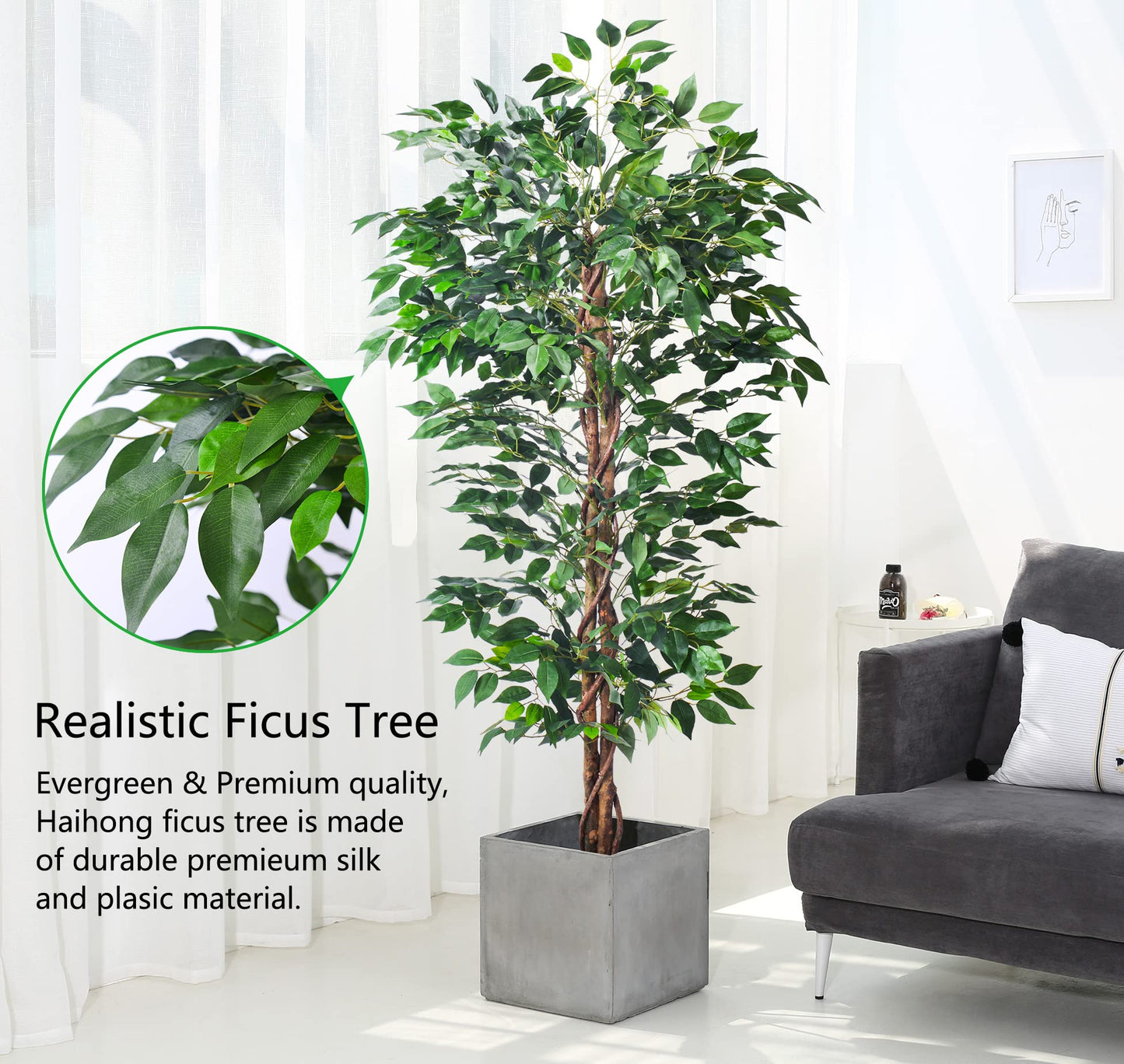 HAIHONG Artificial Ficus Tree 5FT Faux Silk Plants with Sturdy Plastic Nursery Pot,Fake Ficus Trees for Home Office Farmhouse Indoor Outdoor Decor Perfect Housewarming Gift (5FT-1Pack)