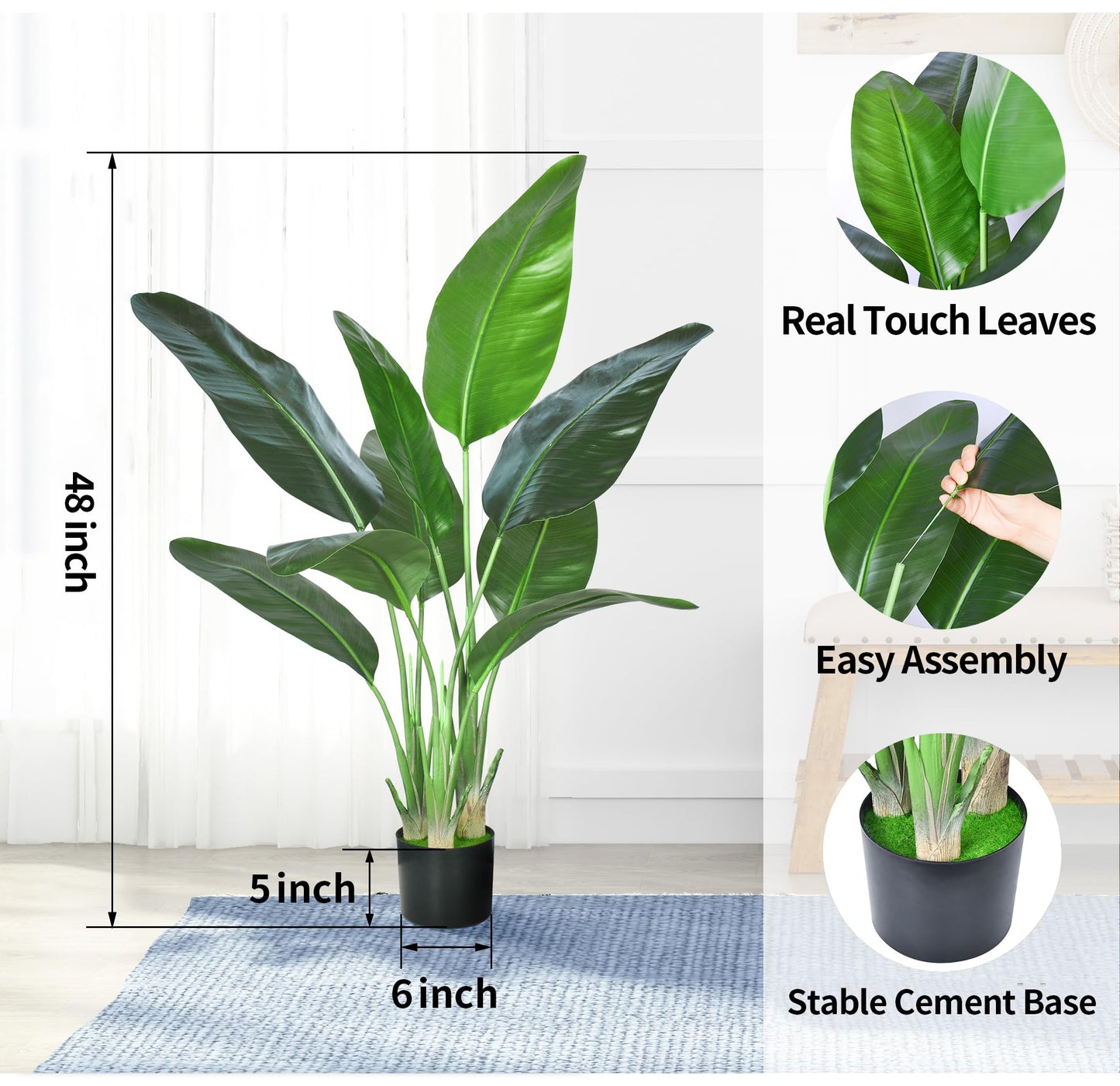 HAIHONG Artificial Bird of Paradise Plant,Faux Palm Tree Potted Plant with Real Touch Leaves,Fake Trees for Home Living Room Office Indoor Outdoor Decor(4FT-1Pack)