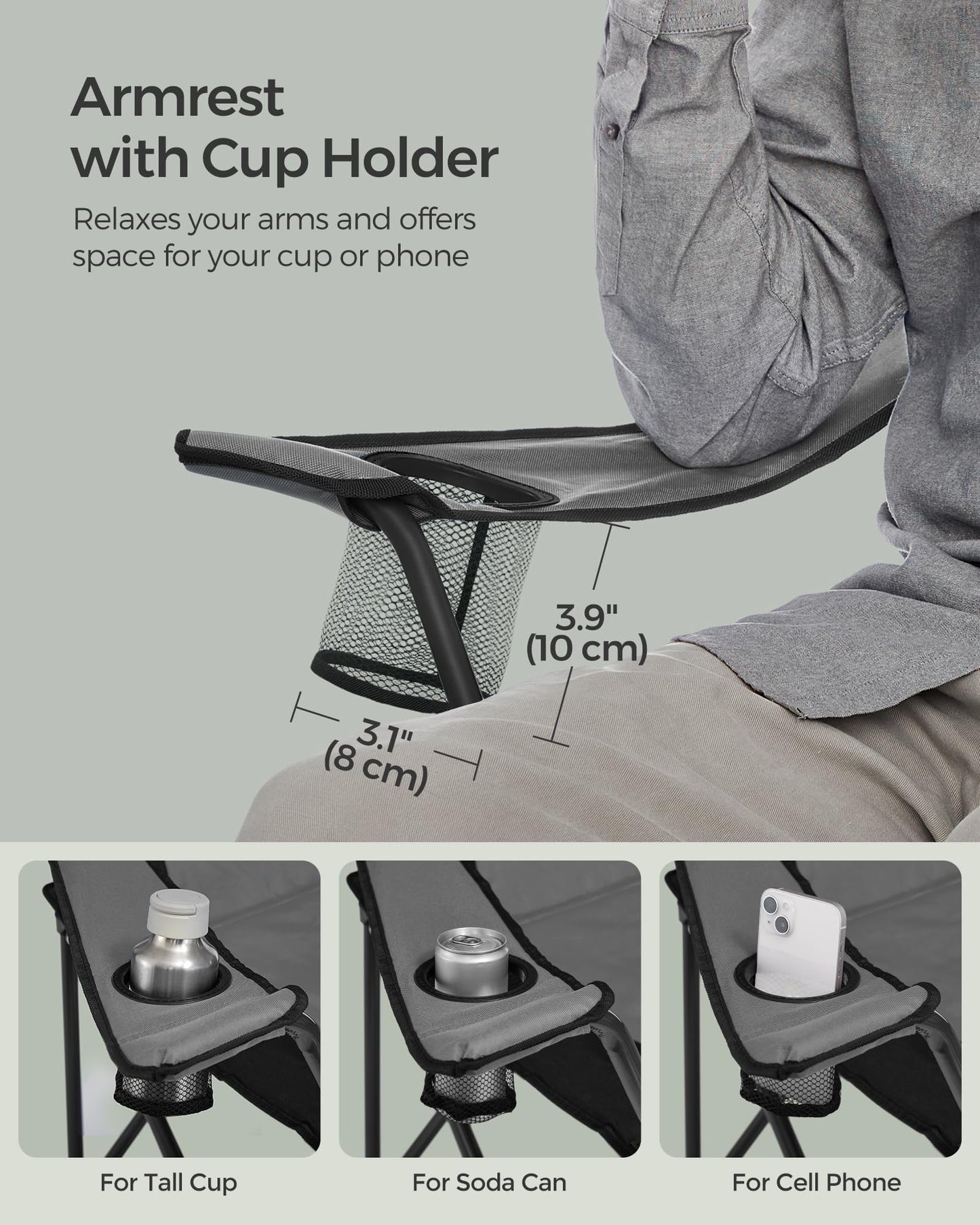 SONGMICS Folding Camping Chair, with Comfortable Sponge Seat, Cup Holder, Heavy Duty Structure, Max Load Capacity 551 lb, Outdoor Picnic Chair, Gray and Black UGCB006G01