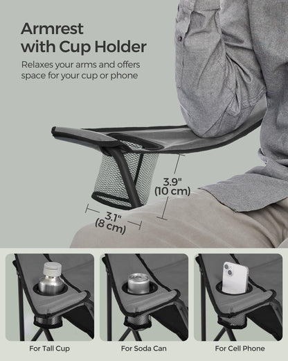 SONGMICS Folding Camping Chair, with Comfortable Sponge Seat, Cup Holder, Heavy Duty Structure, Max Load Capacity 551 lb, Outdoor Picnic Chair, Gray and Black UGCB006G01