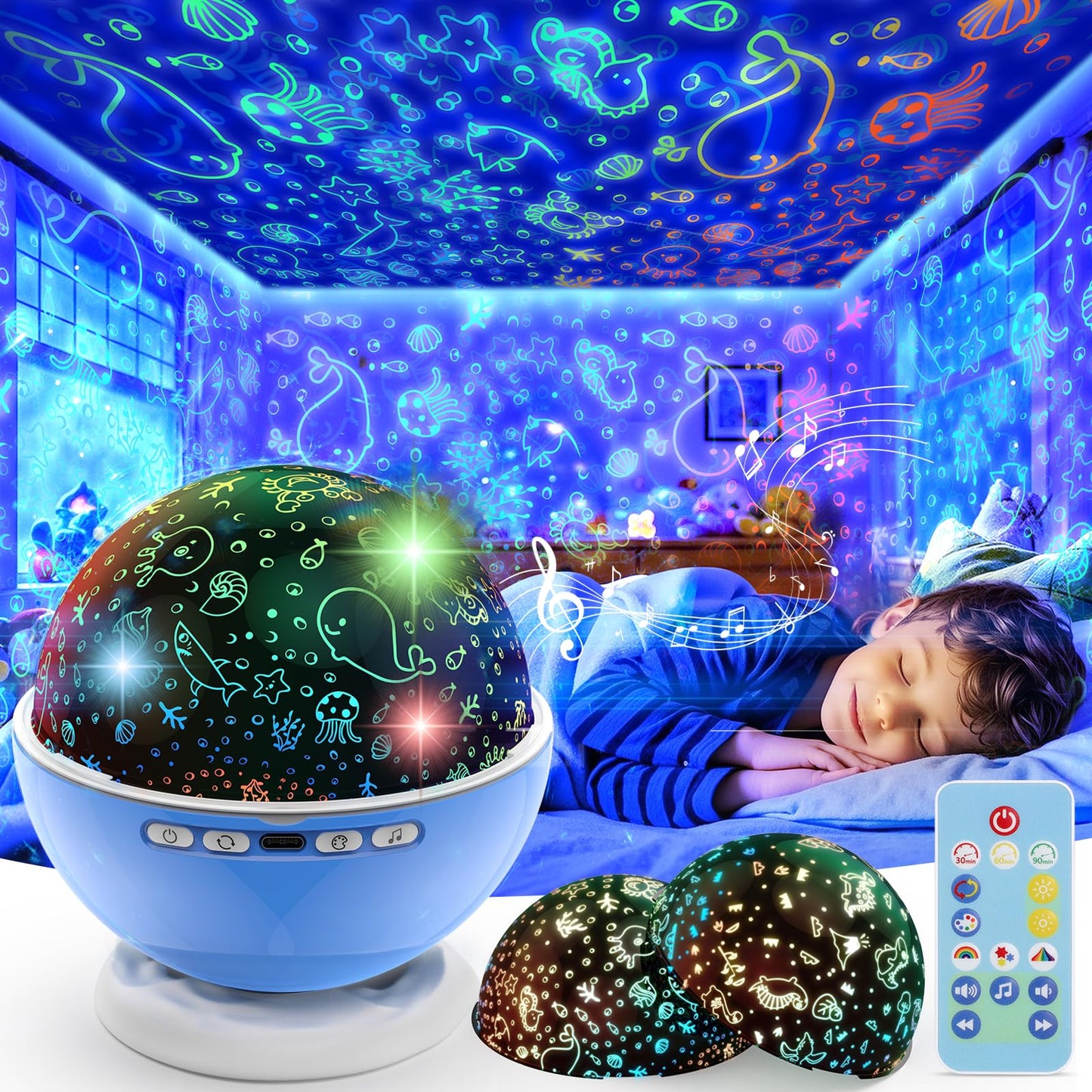 Night Light Projector,Night Light for Kids Room with Remote and Timer,360° Rotation,3 Projection Films,18 Light Modes,8 Lullaby Songs,Kids Night Lamp, Christmas Birthday Gifts for Boys Girls (Blue)