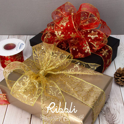 Ribbli Snowflake Glitter Wired Ribbon, Red Organza Sheer with Gold Glitter Snowflake Pattern and Iridescent Metallic Edge,2-1/2 Inch x 10Yards Christmas Ribbon for Tree Decoration