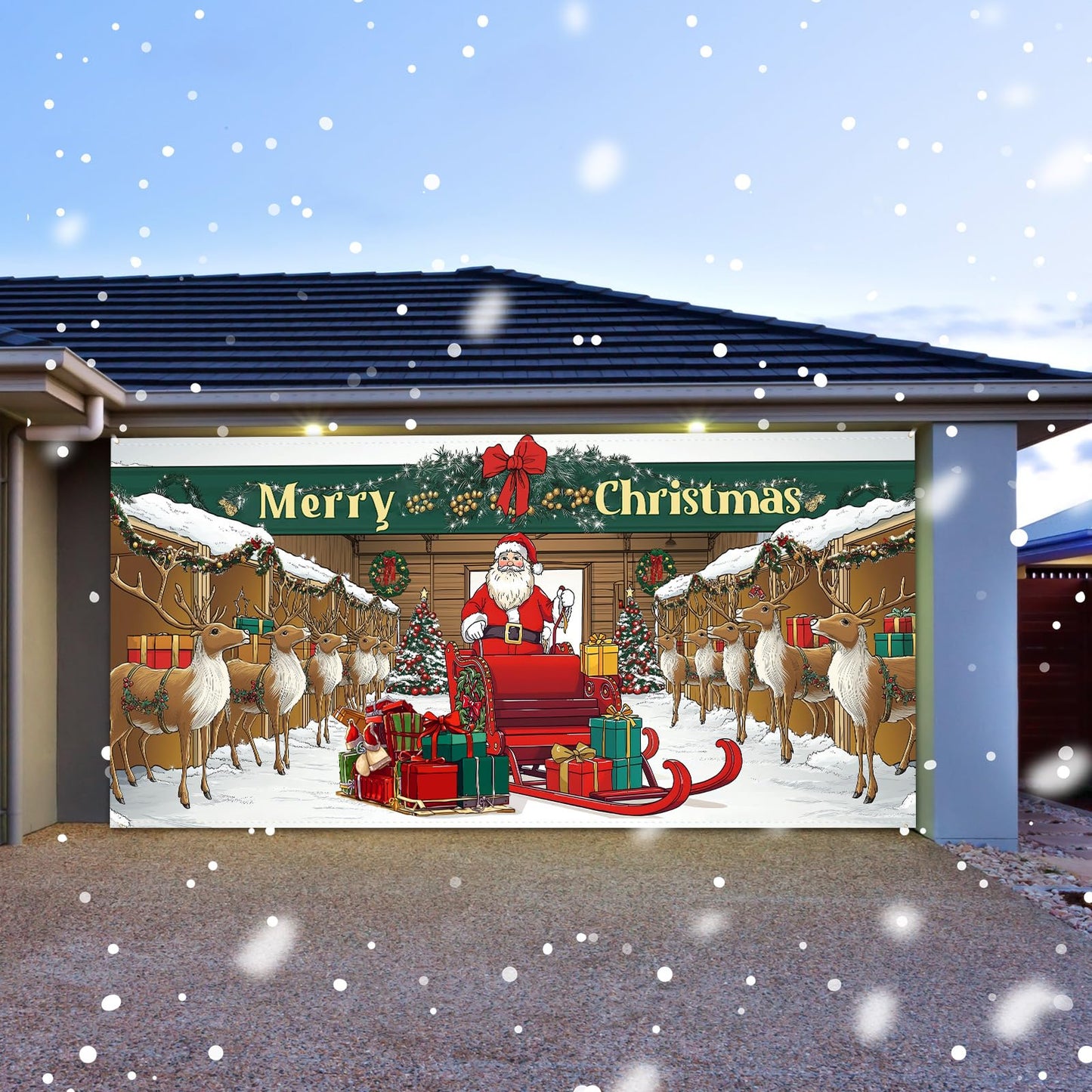 Tingjoo 7 x 16 ft Christmas Garage Door Cover Banner Christmas Garage Door Decorations African American Large Holiday Decorations Banner for Xmas Winter party (Reindeer Barn)
