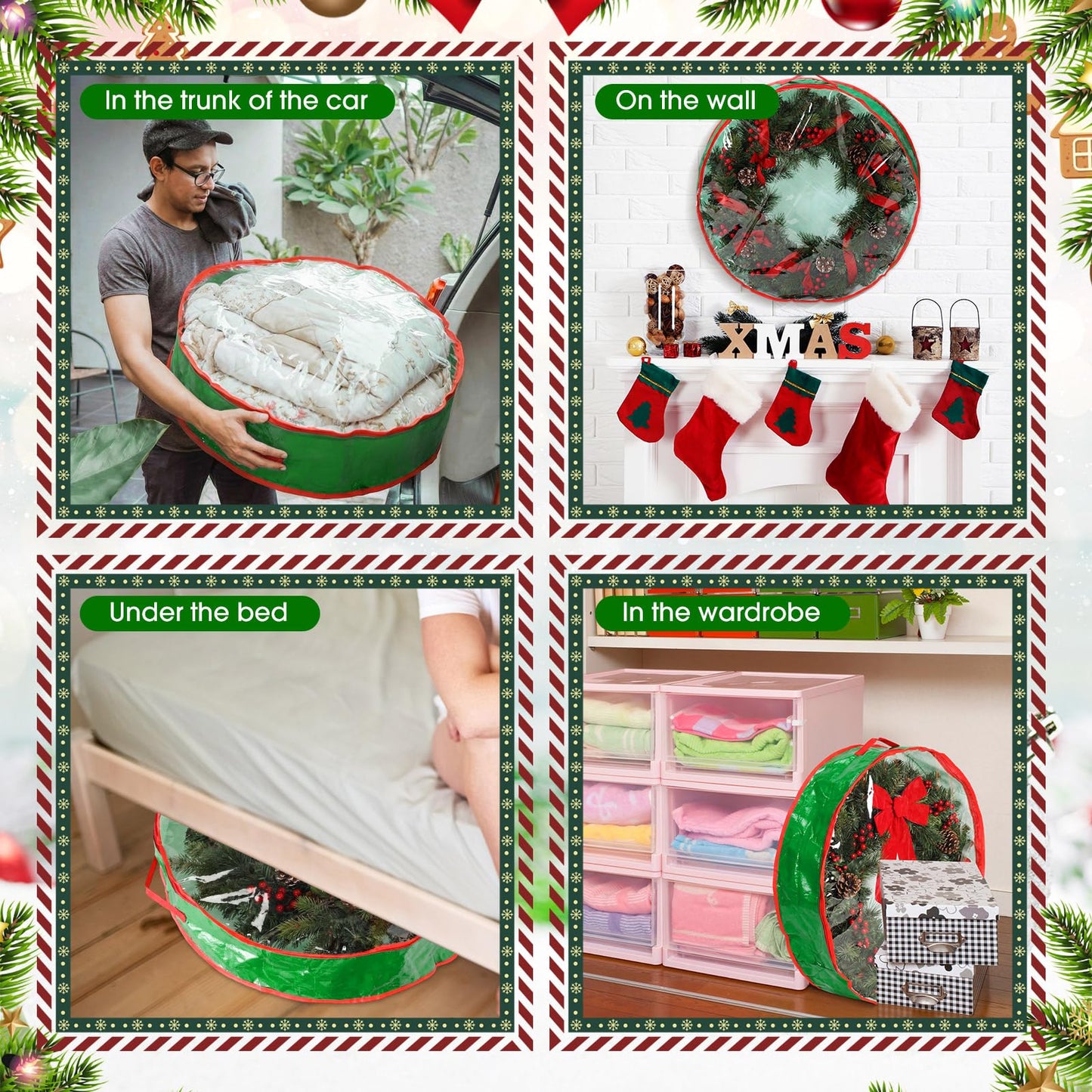 Aliceset 4 Pack Wreath Storage Containers, Ornament Garland Wreath Storage Bags with Handle Zipper Decorative Storages Box for Christmas in July Wreaths(24 x 24 x 7.8 Inch,Light Green)