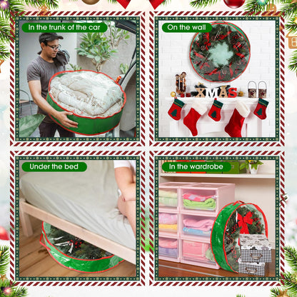 Aliceset 4 Pack Wreath Storage Containers, Ornament Garland Wreath Storage Bags with Handle Zipper Decorative Storages Box for Christmas in July Wreaths(24 x 24 x 7.8 Inch,Light Green)