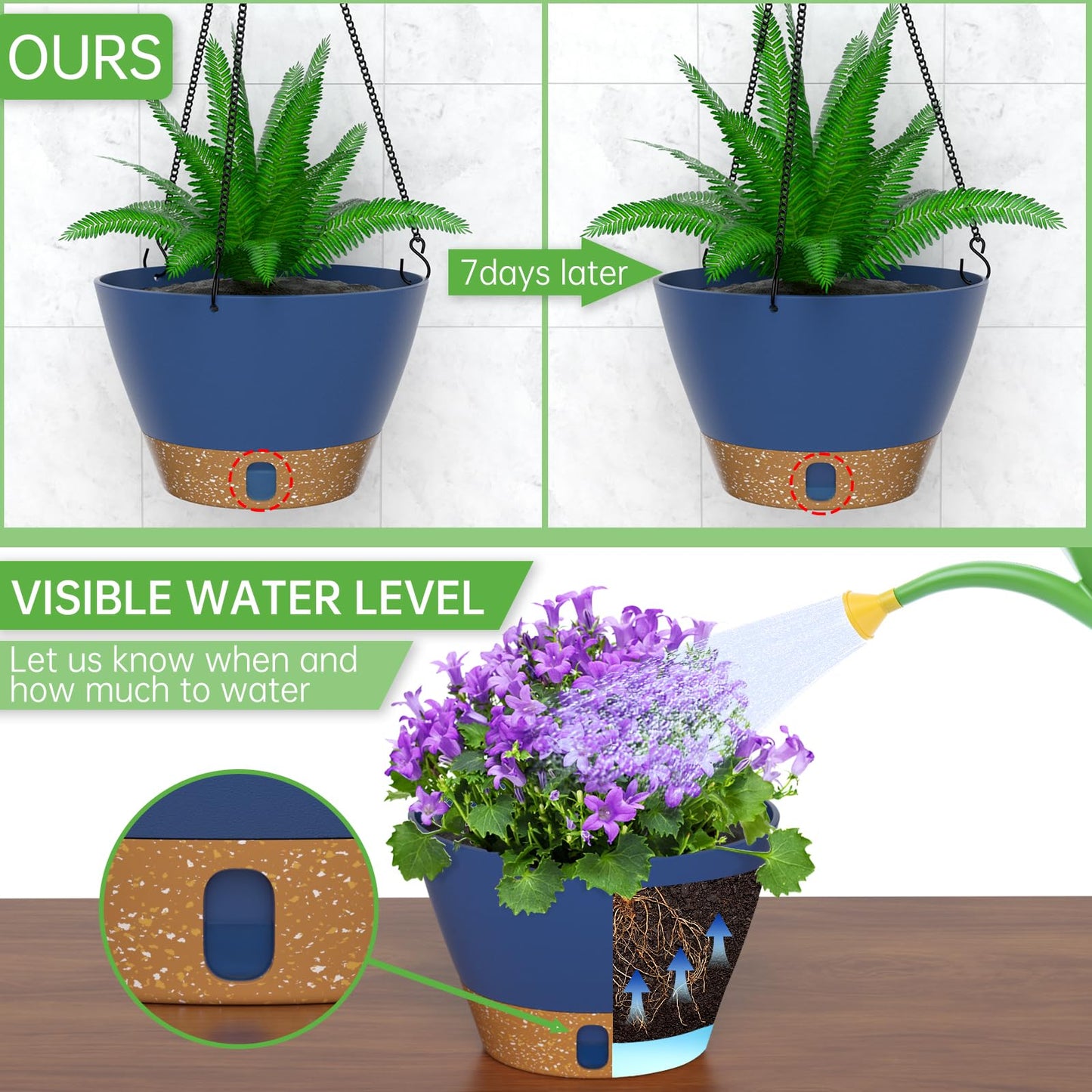 ZMTECH 2 Pack 10 Inch Hanging Planters for Indoor Plants, Modern Hanging Planter with Visible Water Level Window & Removable Tray, Decorative Plant Hanger Indoor for Home Garden