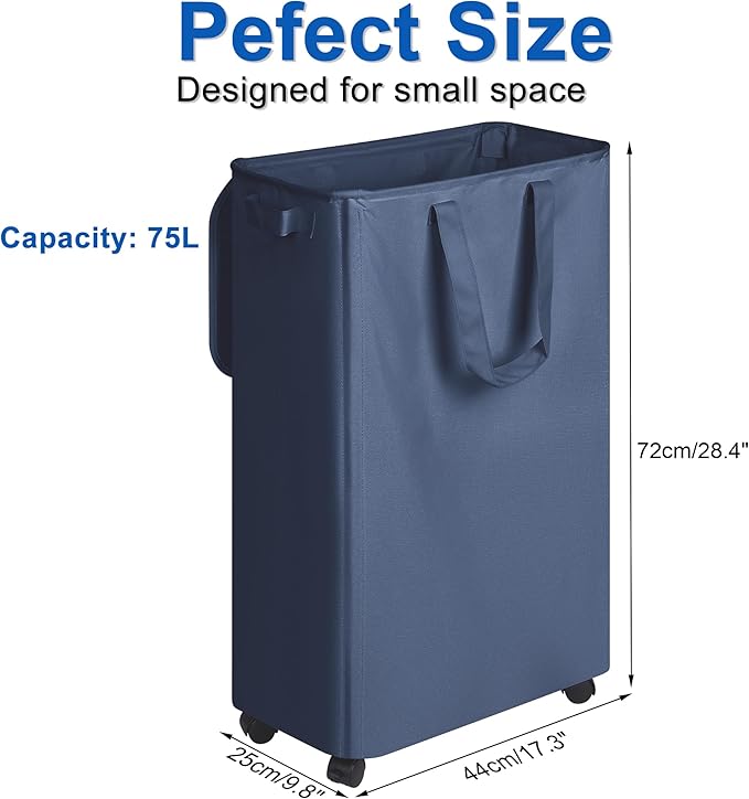 Slim Laundry Hamper with Lid and Wheels, Small Rolling Laundry Basket with
