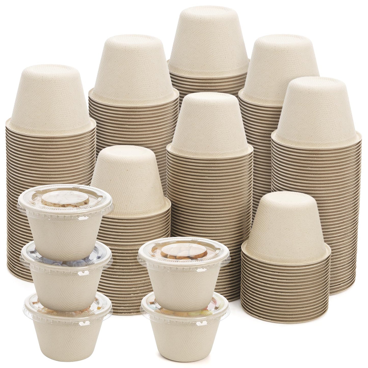 Tebery 200 Pack 4 Oz Disposable Condiment Portion Cups, Small Sauce Dipping Container with Clear Lid, Leak Proof Souffle Ramekin Bowl, Sample Serving Cup for Snack Tasting, Charcuterie, Natural Color