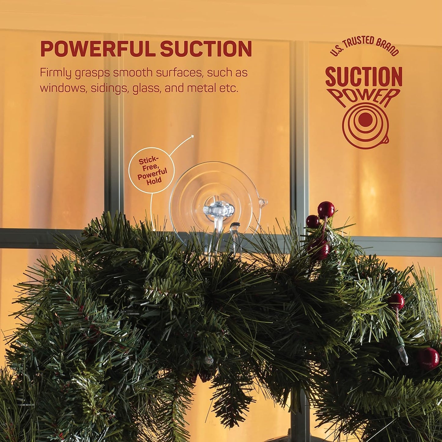 Christmas Wreath Hanger For Glass Front Door [Set of 2] Giant Suction Wreath Hanger, Hang Large or Heavy Wreaths Securely on Glass Doors and Windows up to 10 Lbs - Heavy Duty Wreath Holders - USA Made