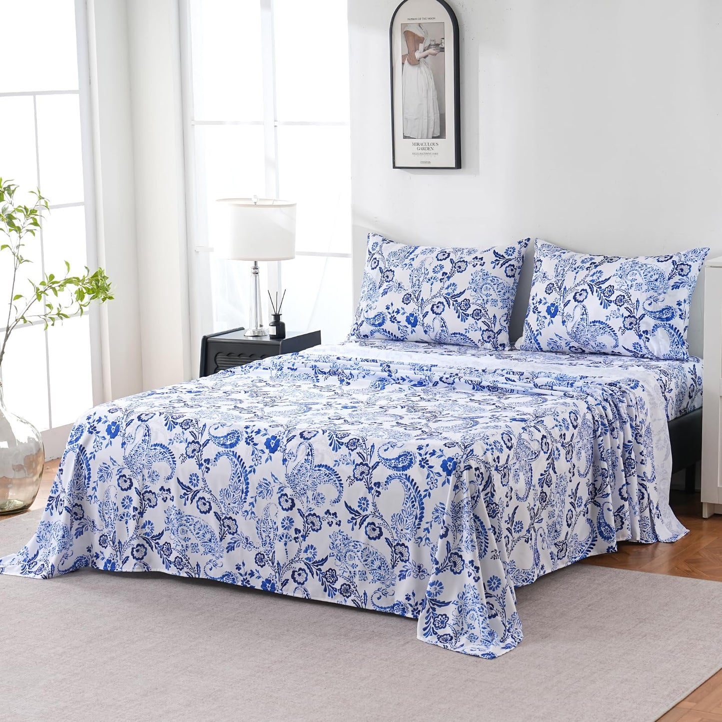 Yibeizi Queen Sheet Set Deep Pocket Queen Size Blue Floral Bed Sheets Set, Paisley Printed Soft Microfiber Oeko-Tex Sheets & Pillowcases Hypoallergenic Wrinkle Free Bedsheets