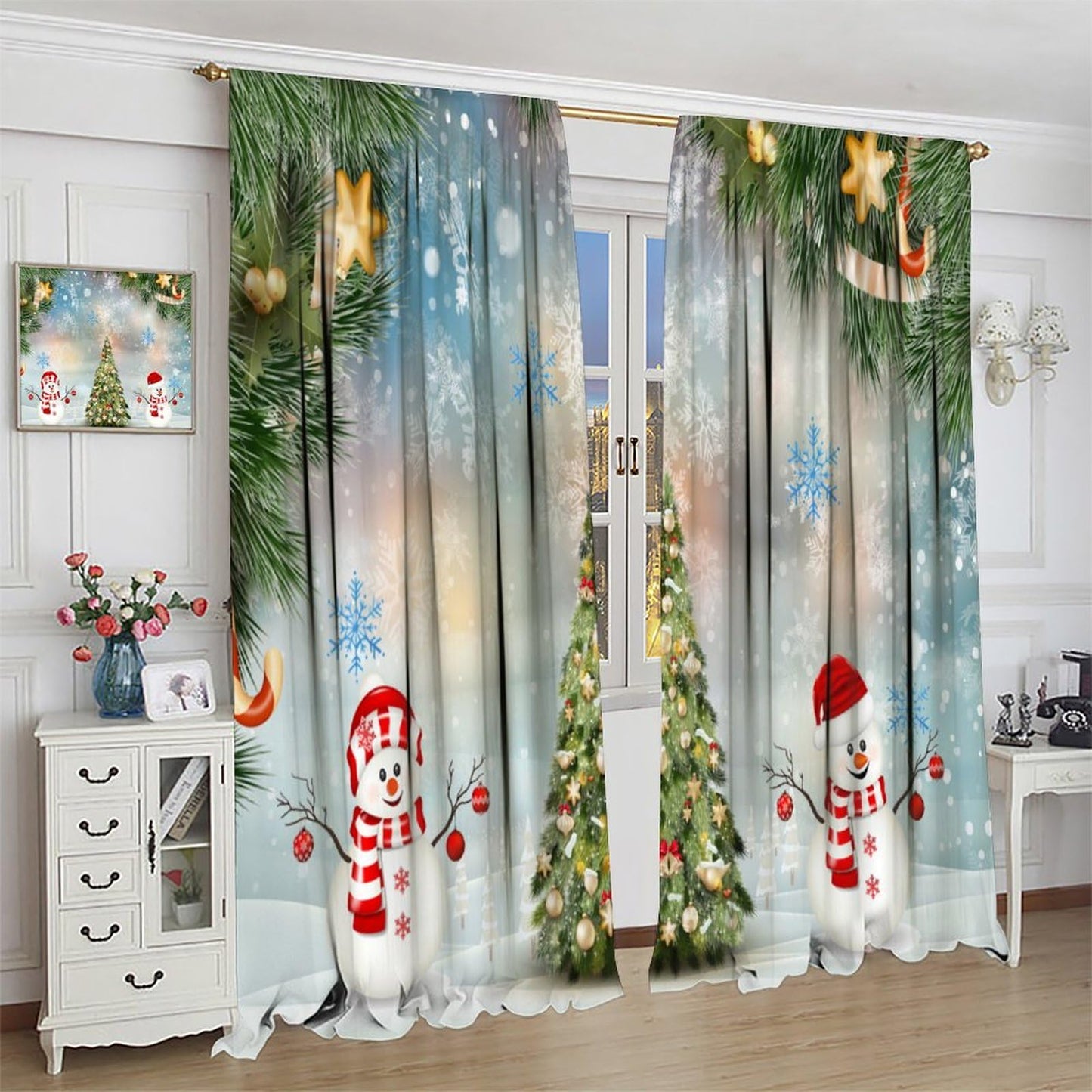 FengMingRui Christmas Curtain Christmas Happy Holidays Winter Snowflake Holiday Christmas Snowman Decor Window Treatment Bedroom Living Room Decor Window Drapes 52" W X 84" L