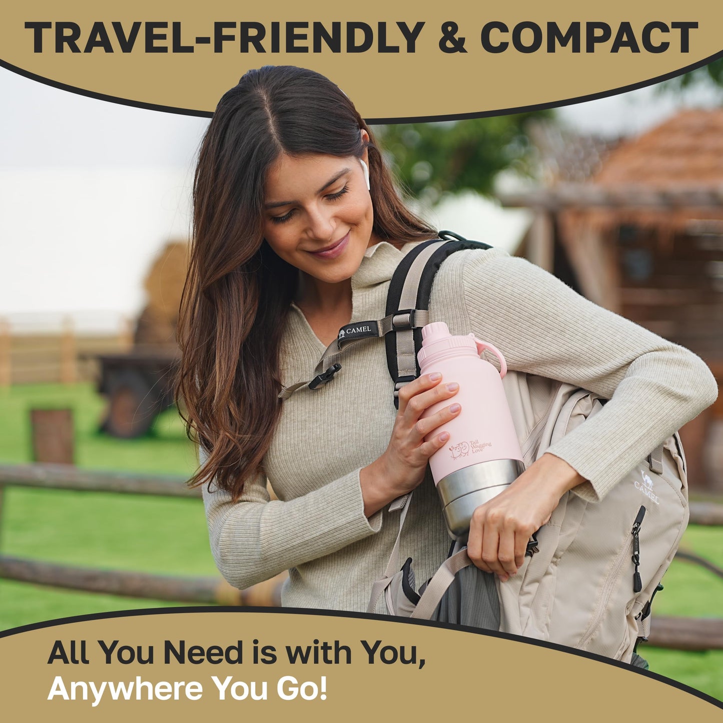 Tail Wagging Love 32oz 3-in-1 Portable Travel Water Bottle, Food & Hydration Bottle - Dual Use for Humans & Pets with Detachable Bowls, Stainless Steel, Keeps Water Hot for 6hrs & Cold for 12hrs