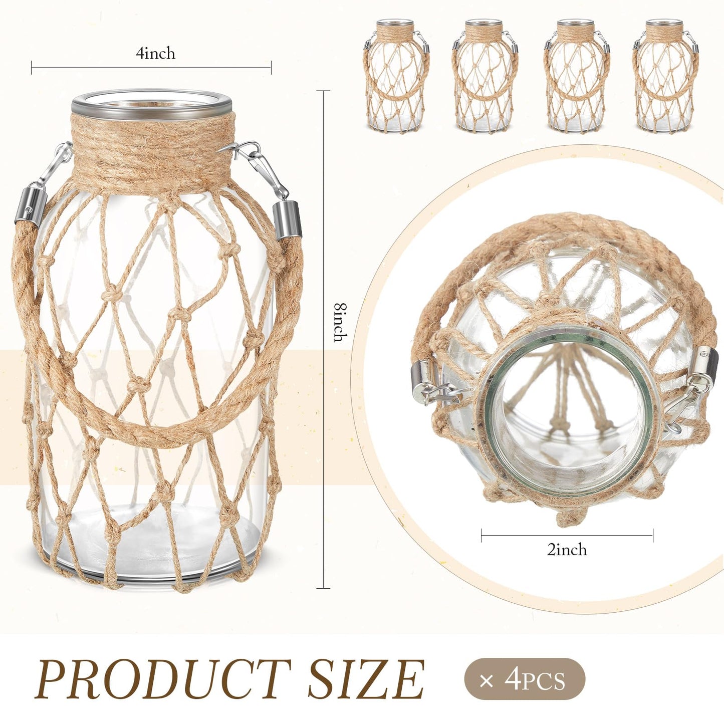Set of 4 Rope Net Dry Flower Glass Vase 7.9 x 4 Inches Wicker Farmhouse Vase Coastal Decor for Wedding Tables Home Rustic Hanging Mason Jar Rope Wrapping Decorative Bottles Nautical Decor