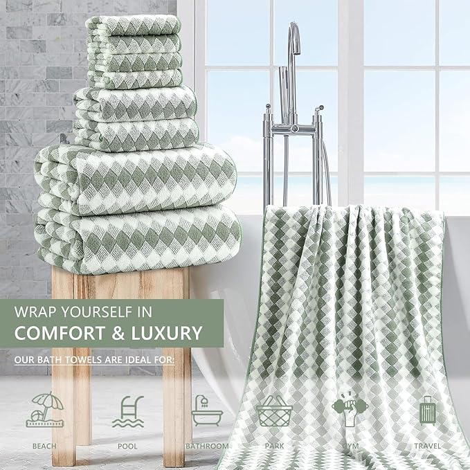 8 Piece Bathroom Towel Set Green |2 Oversized Large Bath Towels Sheet, 2 Hand