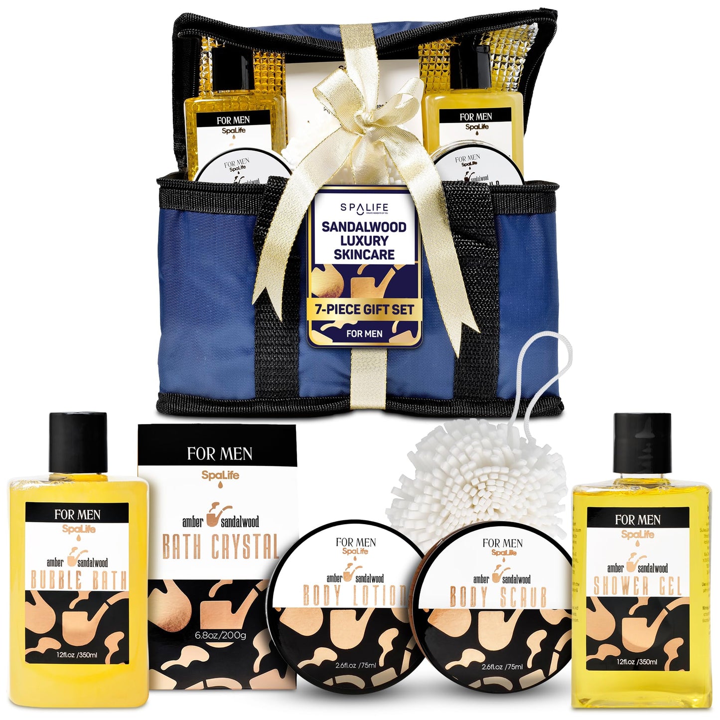 SpaLife Luxury Spa Skincare Sandalwood Gift Set for Men | Mens Body Wash Gifts | Mens Gift Set for Bath and Body | Christmas Gifts for Men | Cleansing, Moisturizing, Exfoliating | 7-Piece Bundle