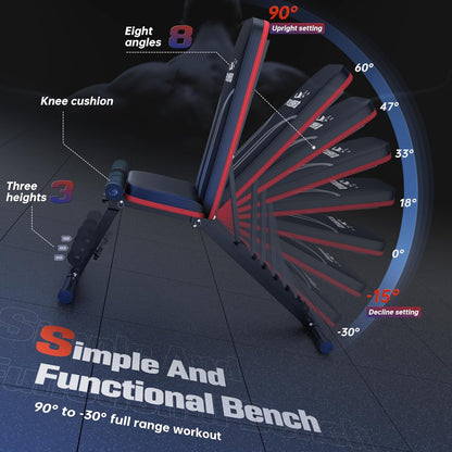 FLYBIRD Foldable Weight Bench with Resistance Bands, 8 Backrests Fast Adjustable FID for Home Gym Full Body Workout, Easy to Storage for Small Apartment