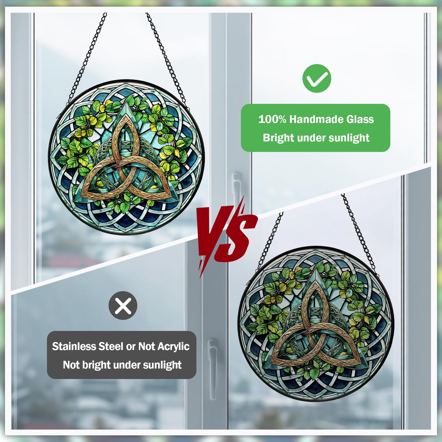 Celtic Knot Stained Glass Window Hanging, Suncatcher Diamond Glass Panel Hangings, Sun Catchers Indoor Windows Wall Art Decoration, Christmas Decor for Home Office Garden Green 7.87 inches