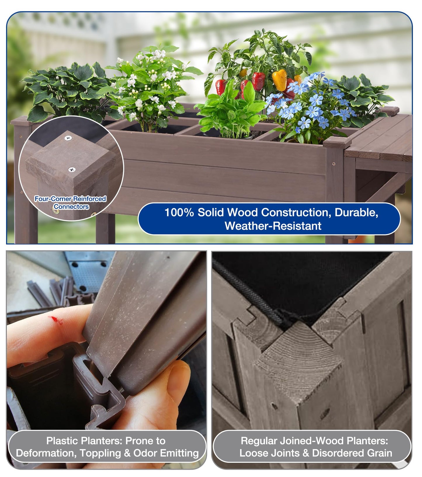 Joyqinchen Raised Garden Bed Outdoor with Wheels, 52.7" Elevated Wooden Garden Bed with 8 Planter Boxes, Removable Dividers, Storage Shelf, Standing Mobile Planter with Non-Woven Liner
