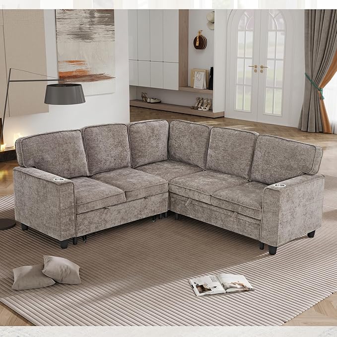L-Shaped Sectional Couch with Storage and Pull Out Bed, Convertible Sofa Bed
