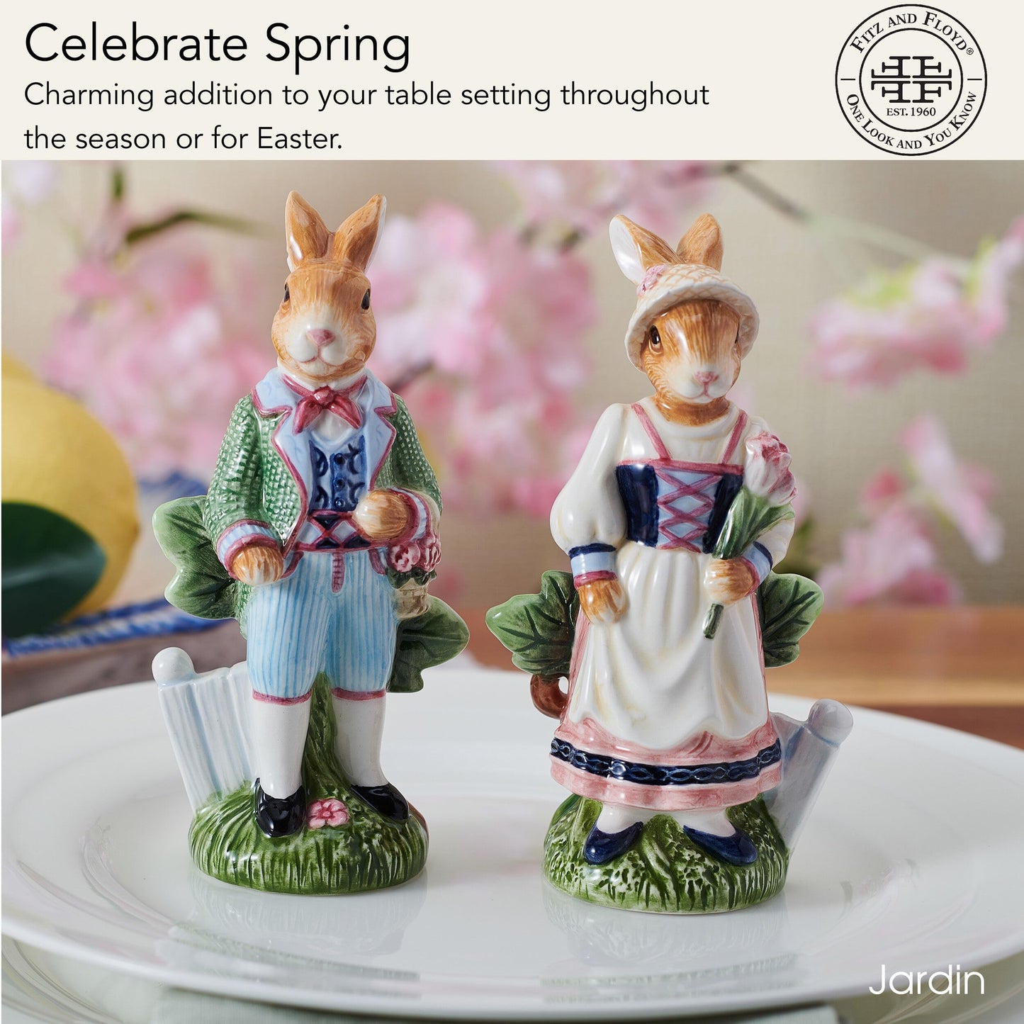 Fitz & Floyd Jardin Rabbit Salt and Pepper Shakers Set of 2, Earthenware Spring Easter Table Decor, Colorful Male and Female Bunny Shakers in Gift Box, 3.25 Inches