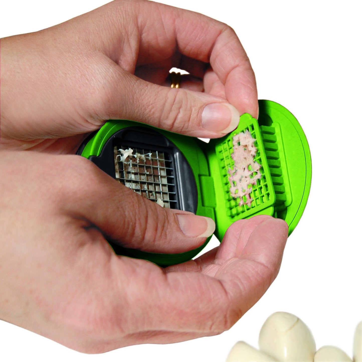 Garlic Perfection Press, Crusher, Mincer, and Storage Container - Easy to Clean - Stainless Steel Blades - White