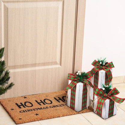 Amyhill 3 Pcs Christmas Wooden Gifts Box Decor Christmas Plaid Presents Table Centerpieces Rustic Wooden Gifts Tiered Tray Decor with Buffalo Plaid Bowknot for Xmas Party(White,Retro)