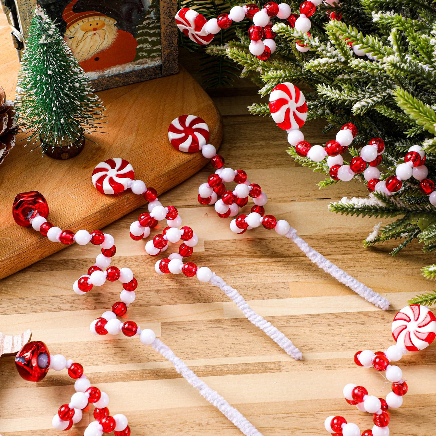Bencailor 30 Pcs Christmas Tree Picks Red and White Christmas Ornaments Candy Cane Xmas Decorations Lollipop Tree Topper Xmas Bells Curly Pick for Vase Filler Wreath DIY Craft Party Favor Decor