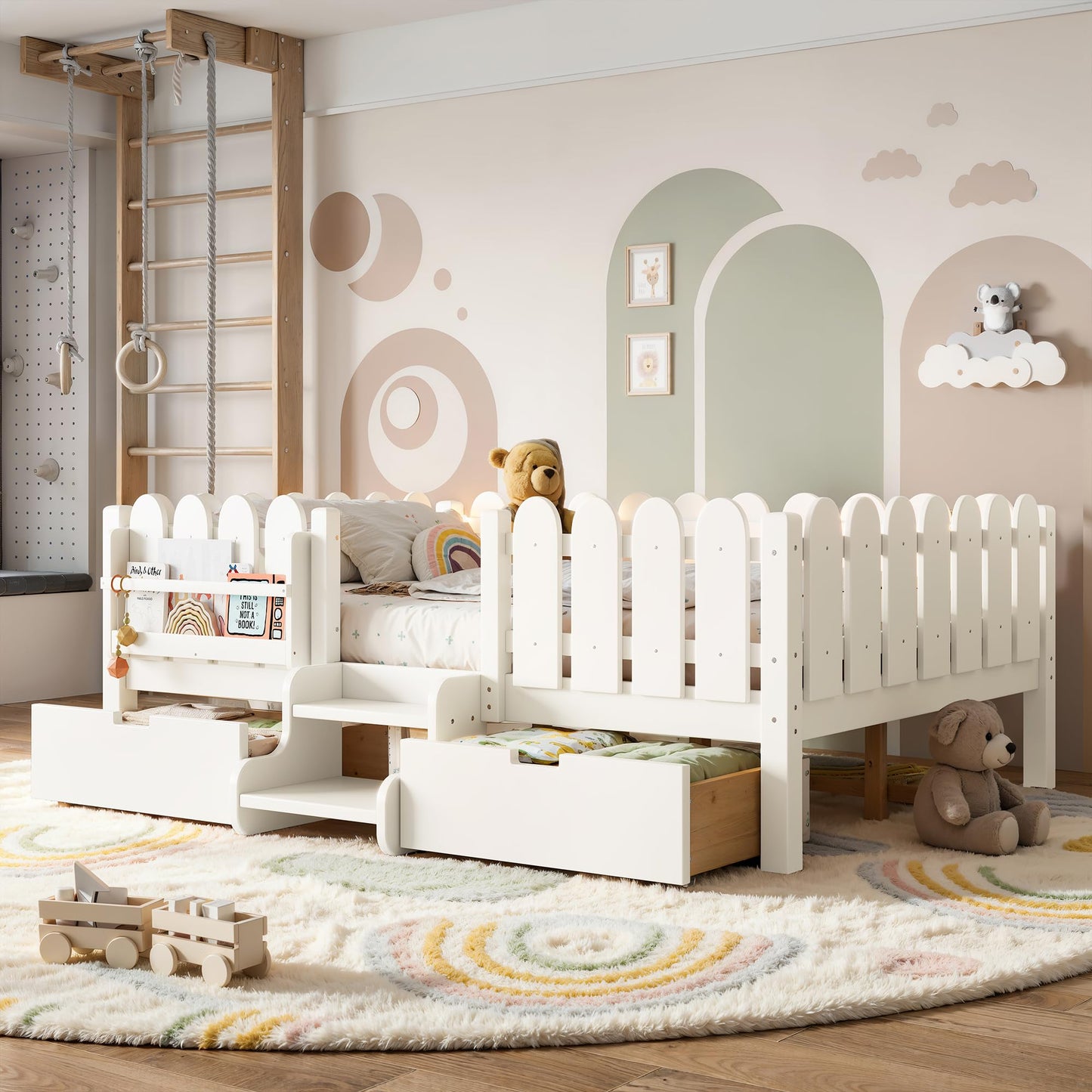 Bellemave Full Kids Montessori Bed with Stairs, Bookshelf and LED Lights, Solid Wood Kids Bed Frame with Storage Drawers for Boys Girls, Low Profile,Beige