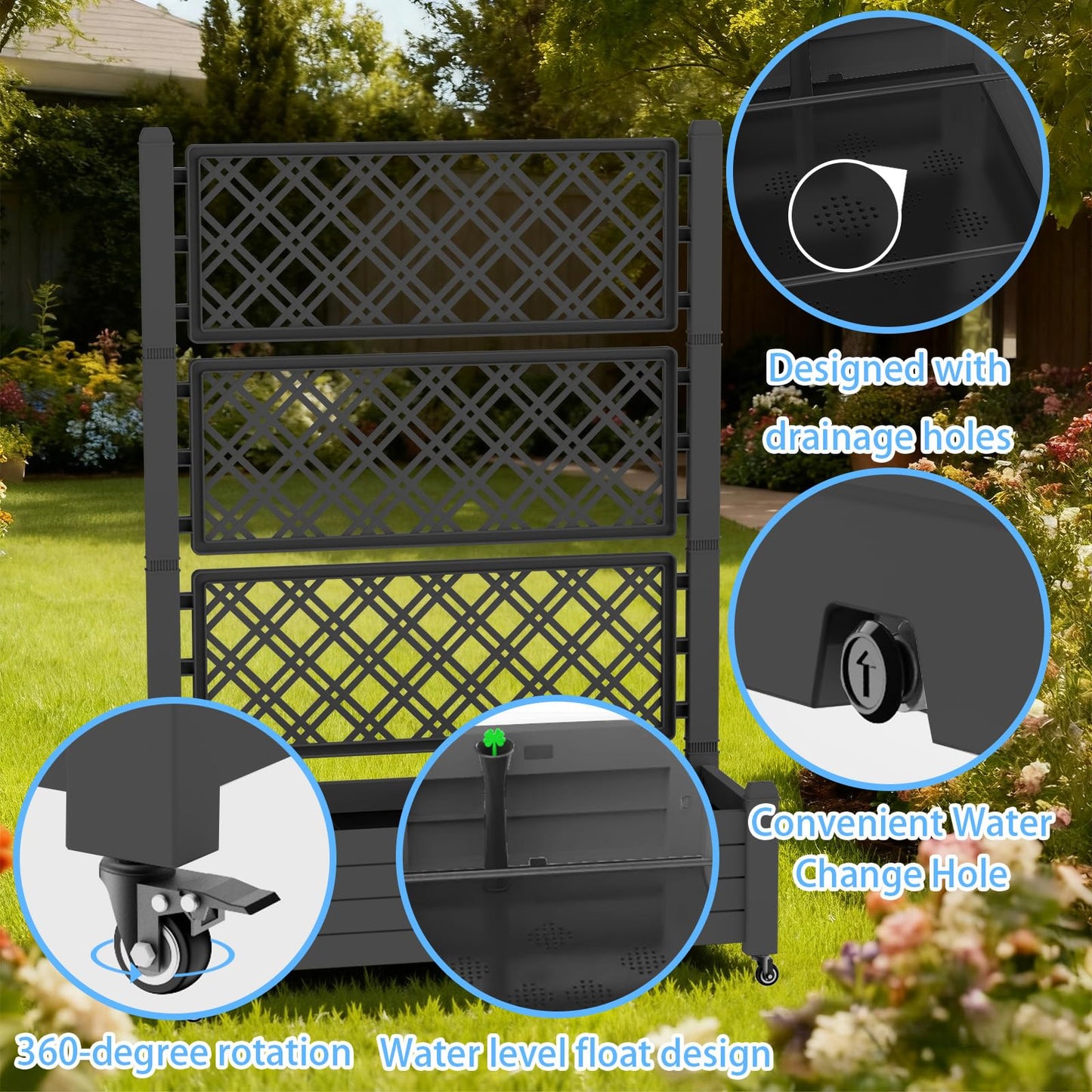 TimberAura 43" x 18" Planter Box with Trellis and Wheels, Large Raised Garden Bed with Cucumber Trellis for Climbing Plants, Outdoor Elevated Planter with Self-Watering & Drain Plug (Black)