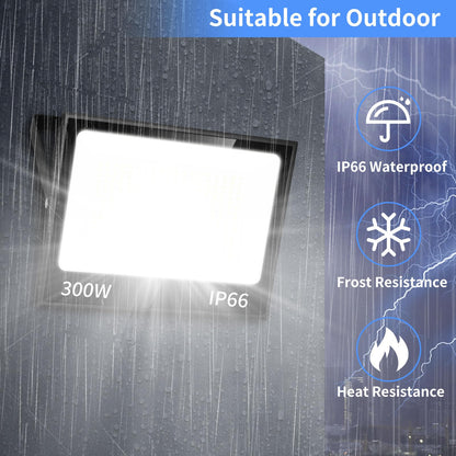 ISUERFY 300W LED Flood Light Outdoor with Plug, 36000LM Ultra Brighter Security Light, IP66 Waterproof Exterior Plug in Floodlight, 5000K Daylight White for Lawn Yard Garden Stadium(2 Pack)