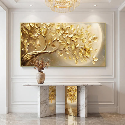 BirdSuite Gold Framed Golden Leaf Money Tree Wall Art, Luxury 3D Effect Canvas Print, Ready to Hang Wall Decor for Living Room Bedroom Office Dining Room Entryway, 48x24 Inch