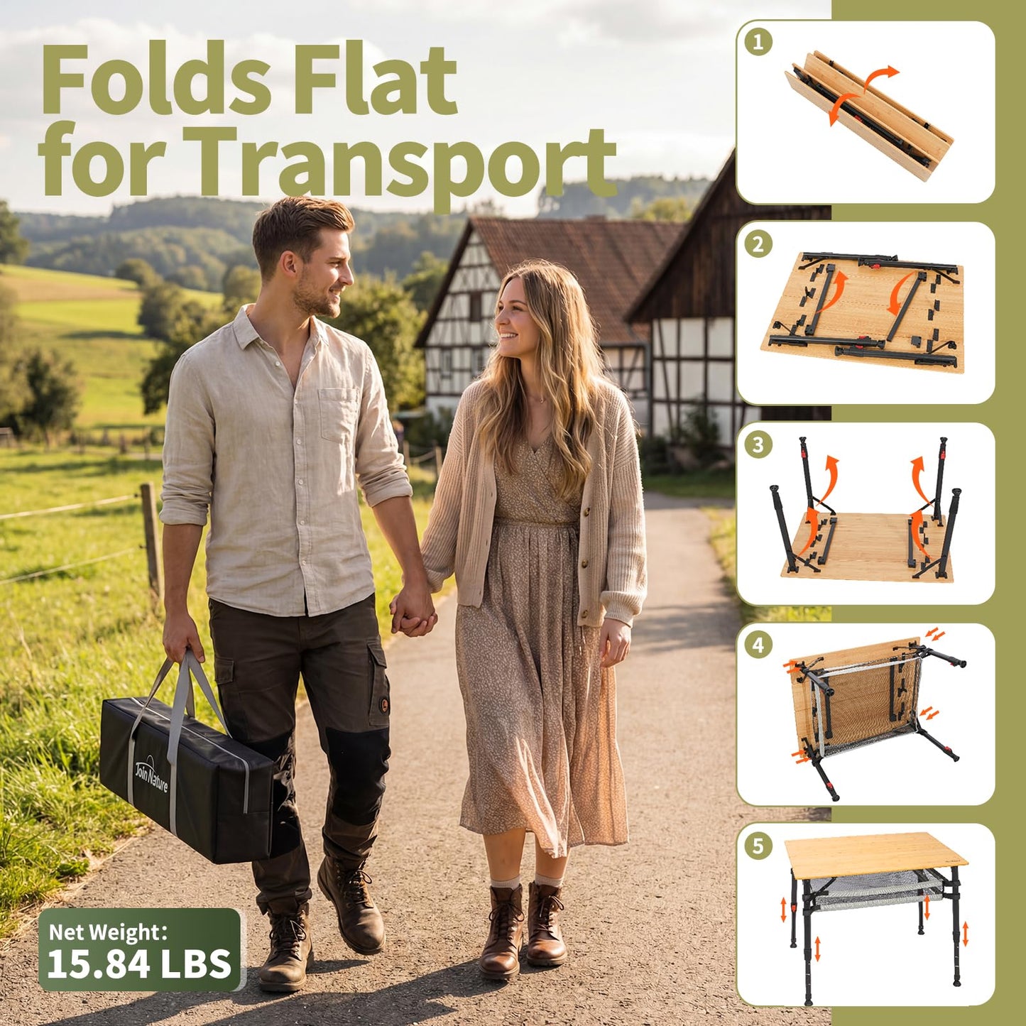 Join Nature 31.5'' Bamboo Folding Camping Table, Adjustable Height Folding Outdoor Table with Aluminum Frame & Mesh Storage, Portable Camp Table with Carry Bag for Camping, RV, Tailgating & Backyard