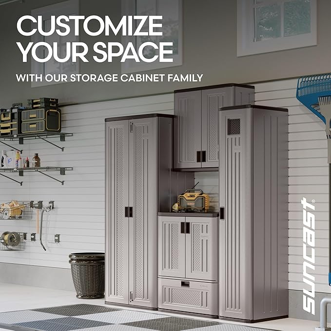 Suncast Tall Storage Cabinet, Platinum Resin Garage Storage Cabinet with Doors & Shelves, Plastic, Lockable, Freestanding Utility Closet for Tools & Supplies, Made in USA