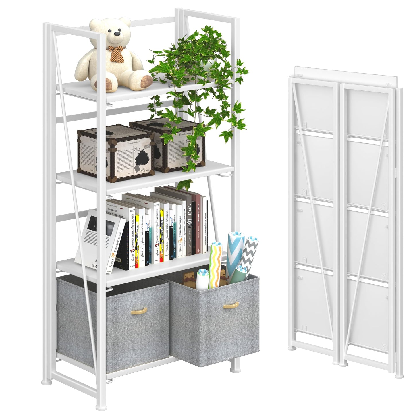 4NM No Assembly Folding Bookshelf Storage Shelves 4 Tiers Vintage Bookcase Standing Racks Study Organizer Home Office (All White)