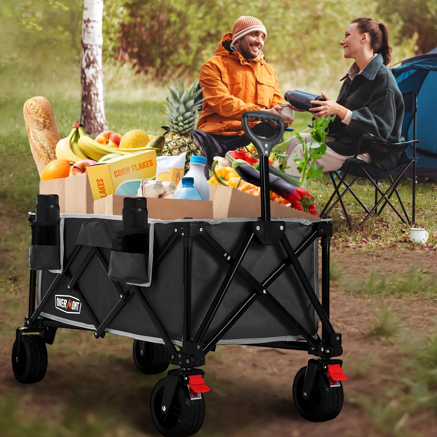 Overmont 150kg Festival Camping Trolley on Wheels - Heavy Duty Folding Wagon Cart with Extra Wide Wheels, 330lbs Capacity, Adjustable Handle, Portable for Outdoor, Garden, Shopping, Beach - Black